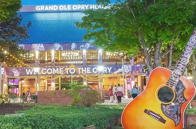 Grand Ole Opry House entrance in Nashville with a giant painted guitar sculpture