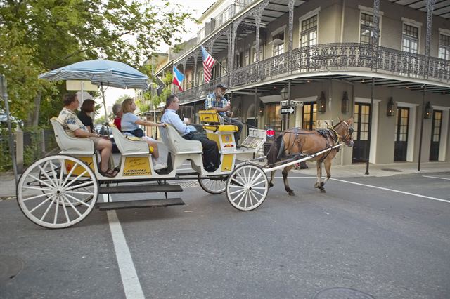 Horse-drawn carriage passing iron-balconied buildings in the French Quarter