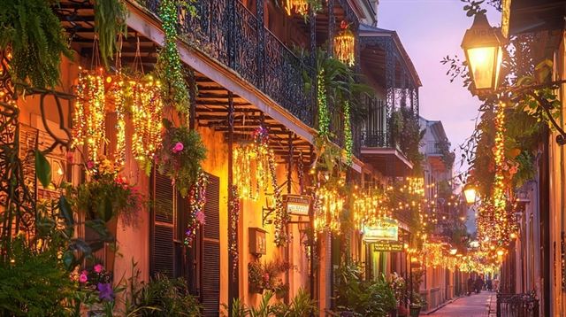 French Quarter street in New Orleans with lantern-lit iron balconies and hanging plants