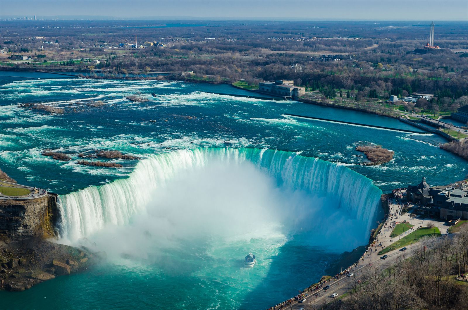 Aerial view of the Horseshoe Falls and Niagara River rapids from the Canadian side
