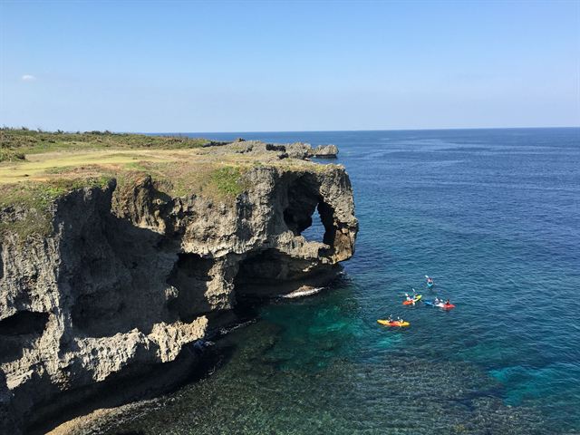 Cape Manzamo's elephant-trunk limestone cliff above clear blue sea on Okinawa's west coast