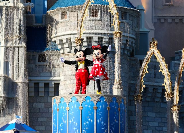 Mickey and Minnie Mouse on the castle stage at the Magic Kingdom