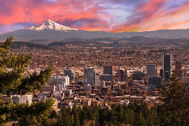 Downtown Portland, Oregon skyline with snowcapped Mount Hood under a pink sunrise sky