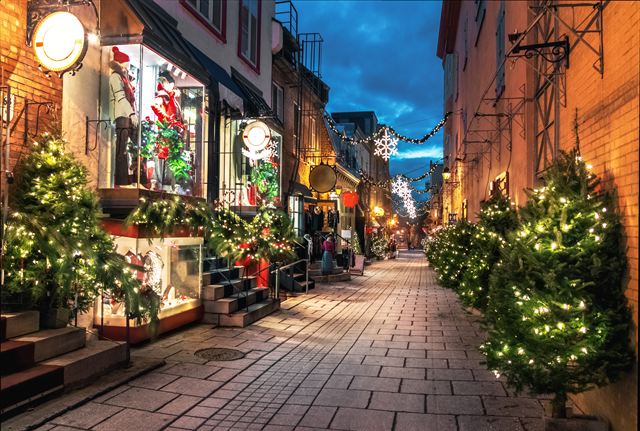 Rue du Petit-Champlain in Old Quebec at dusk, lined with shops and lit Christmas trees