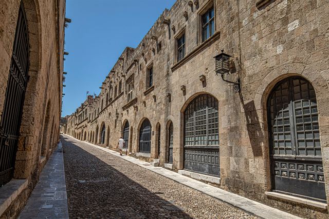 Street of the Knights in Rhodes Old Town, a cobbled lane of medieval stone inns
