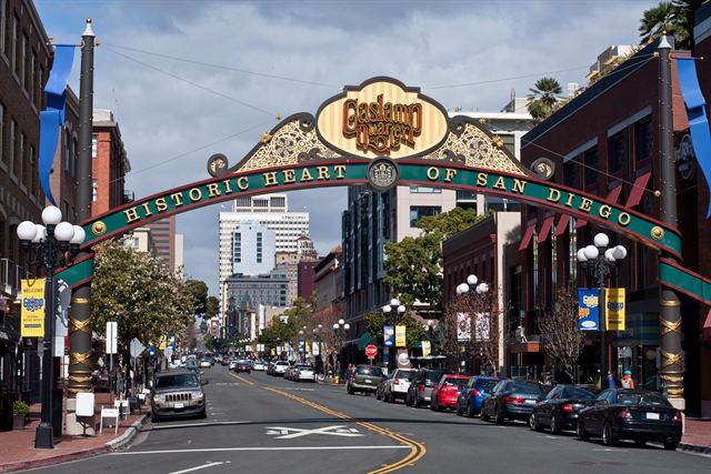 The Gaslamp Quarter arch sign over Fifth Avenue in downtown San Diego