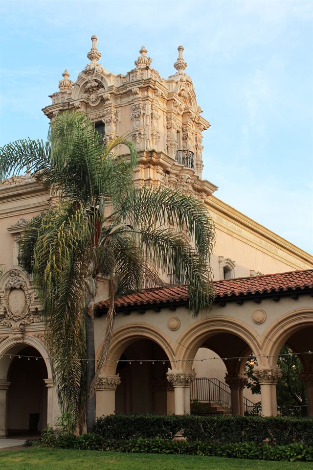 Spanish Revival building and palm trees in Balboa Park (portrait)