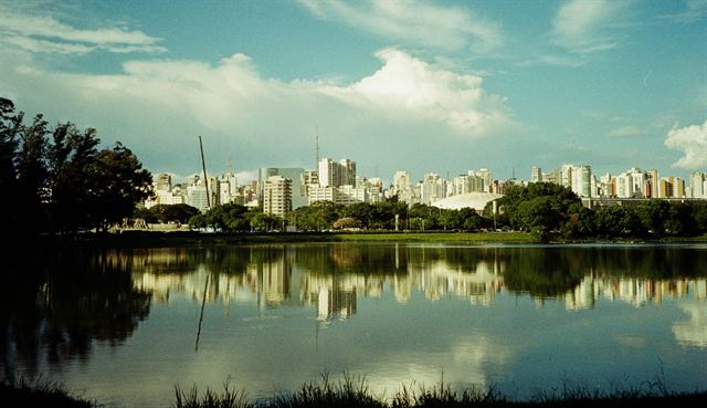 Sao Paulo skyline reflected in the calm lake of Ibirapuera Park framed by trees