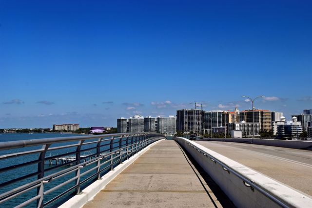 Downtown Sarasota skyline seen from the walkway of the Ringling Bridge on a clear day