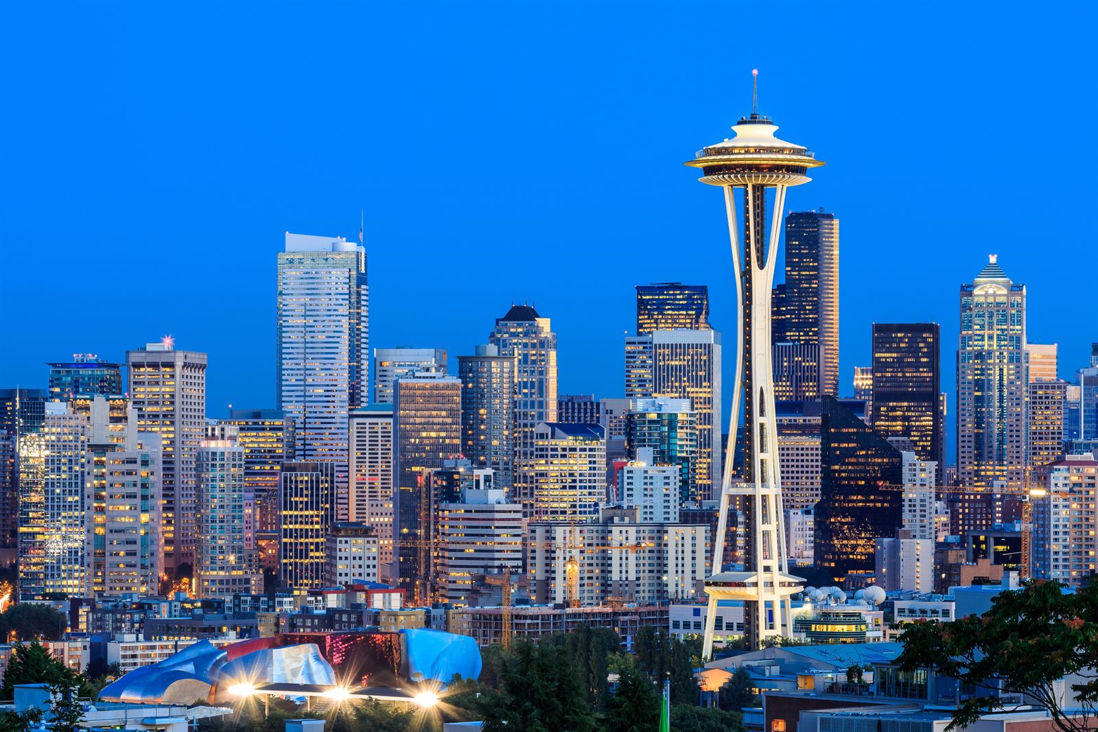 Seattle skyline with the Space Needle at dusk