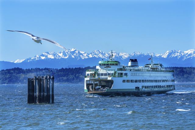 Green-and-white car ferry crossing open water with snow-capped mountains behind