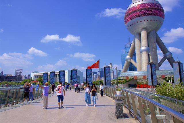 Visitors on an elevated walkway beneath the Oriental Pearl TV Tower in Pudong, Shanghai