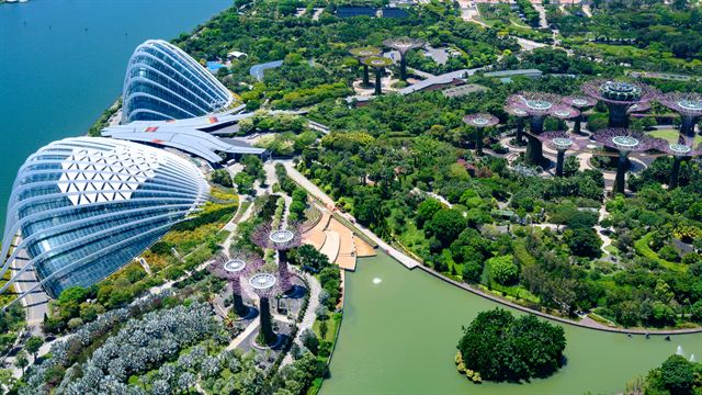 Aerial view of Gardens by the Bay with the glass conservatories and Supertree Grove