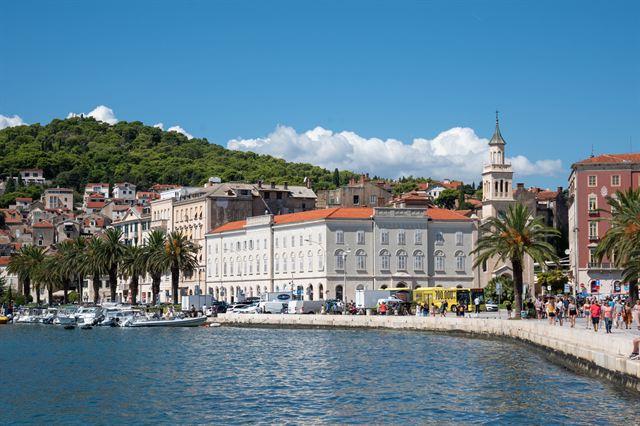 Split's Riva waterfront promenade with palms, harbor boats and a church bell tower below green Marjan hill