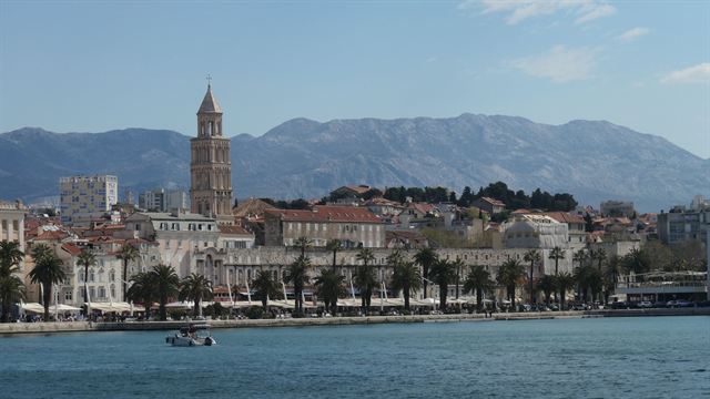 Split waterfront panorama with the cathedral bell tower backed by the Mosor mountain range