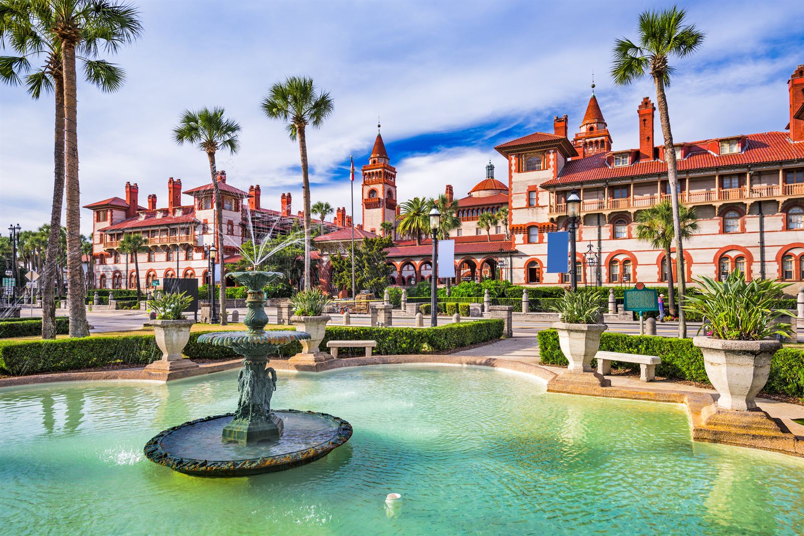 Fountain and Spanish Renaissance towers of Flagler College in historic St. Augustine, Florida