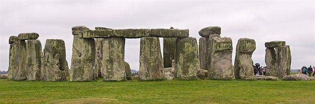 Wide panorama of the Stonehenge stone circle on Salisbury Plain, Wiltshire, England