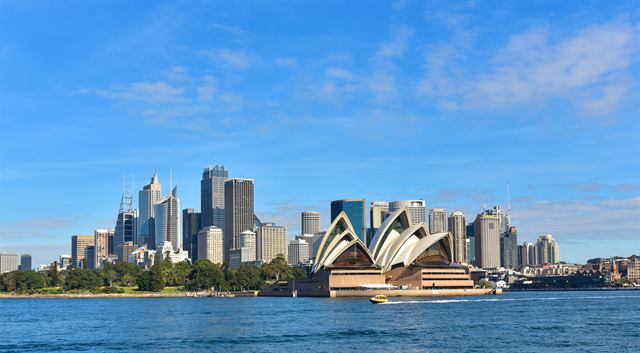 Sydney Opera House in front of the Sydney CBD skyline across the harbour on a clear day