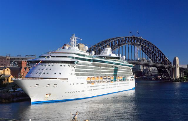 Royal Caribbean cruise ship docked at Circular Quay beneath the Sydney Harbour Bridge