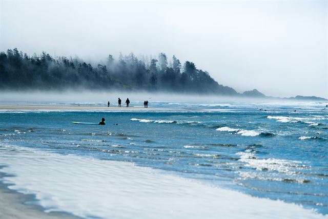Mist rolling over forested headlands and surf on a Tofino beach with people at the water's edge