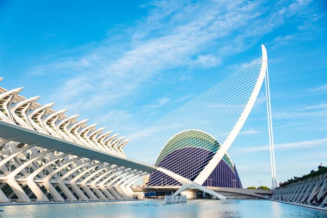 City of Arts and Sciences in Valencia with the white Assut de l'Or bridge, L'Agora and reflecting pools