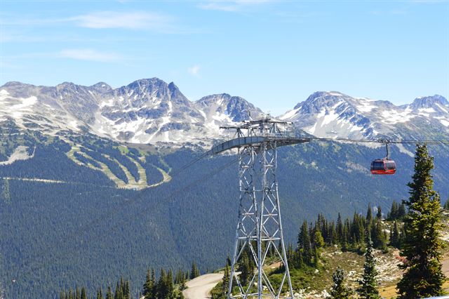 Red Peak 2 Peak gondola cabin on its cables above forested slopes with snowy Coast Mountain peaks at Whistler