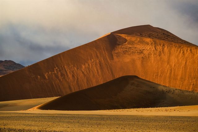Towering red sand dune with sharp light and shadow at Sossusvlei, Namibia