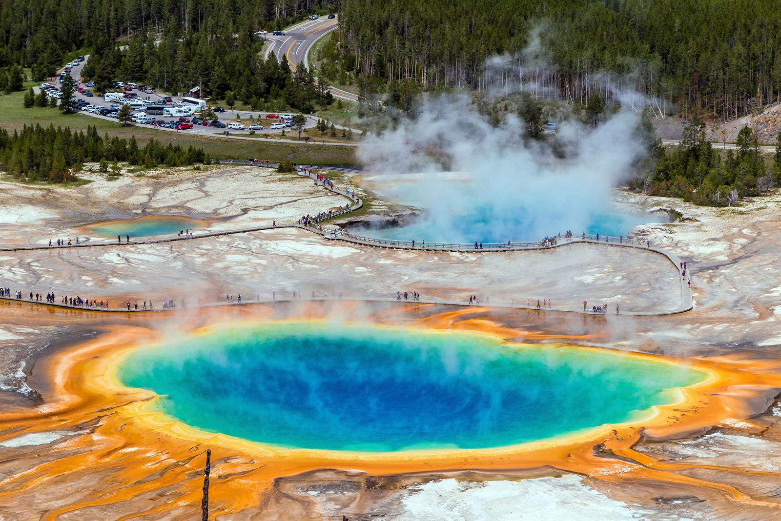 Aerial view of Grand Prismatic Spring's blue and orange rings in Yellowstone