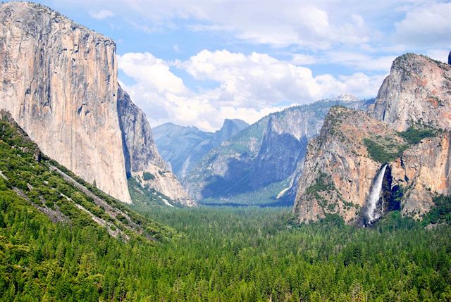 Tunnel View in Yosemite Valley showing El Capitan, Bridalveil Fall and Half Dome above green forest