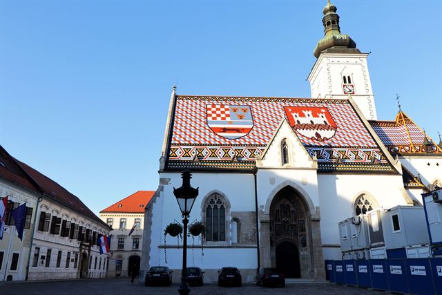 St. Mark's Church in Zagreb's Upper Town with its tiled roof showing the Croatian and Zagreb coats of arms