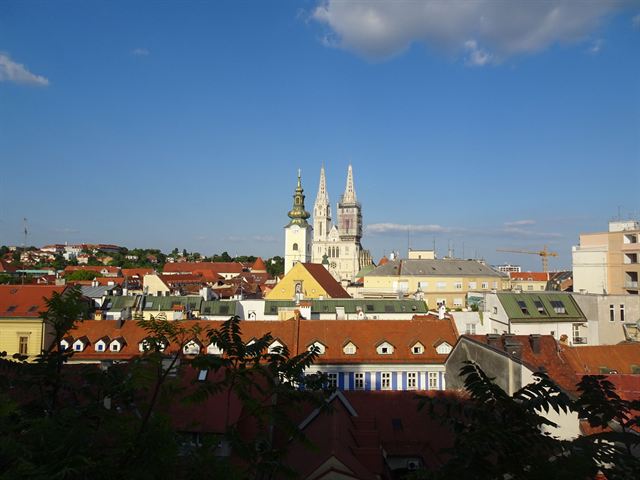Zagreb skyline with the twin spires of Zagreb Cathedral rising over Upper Town rooftops